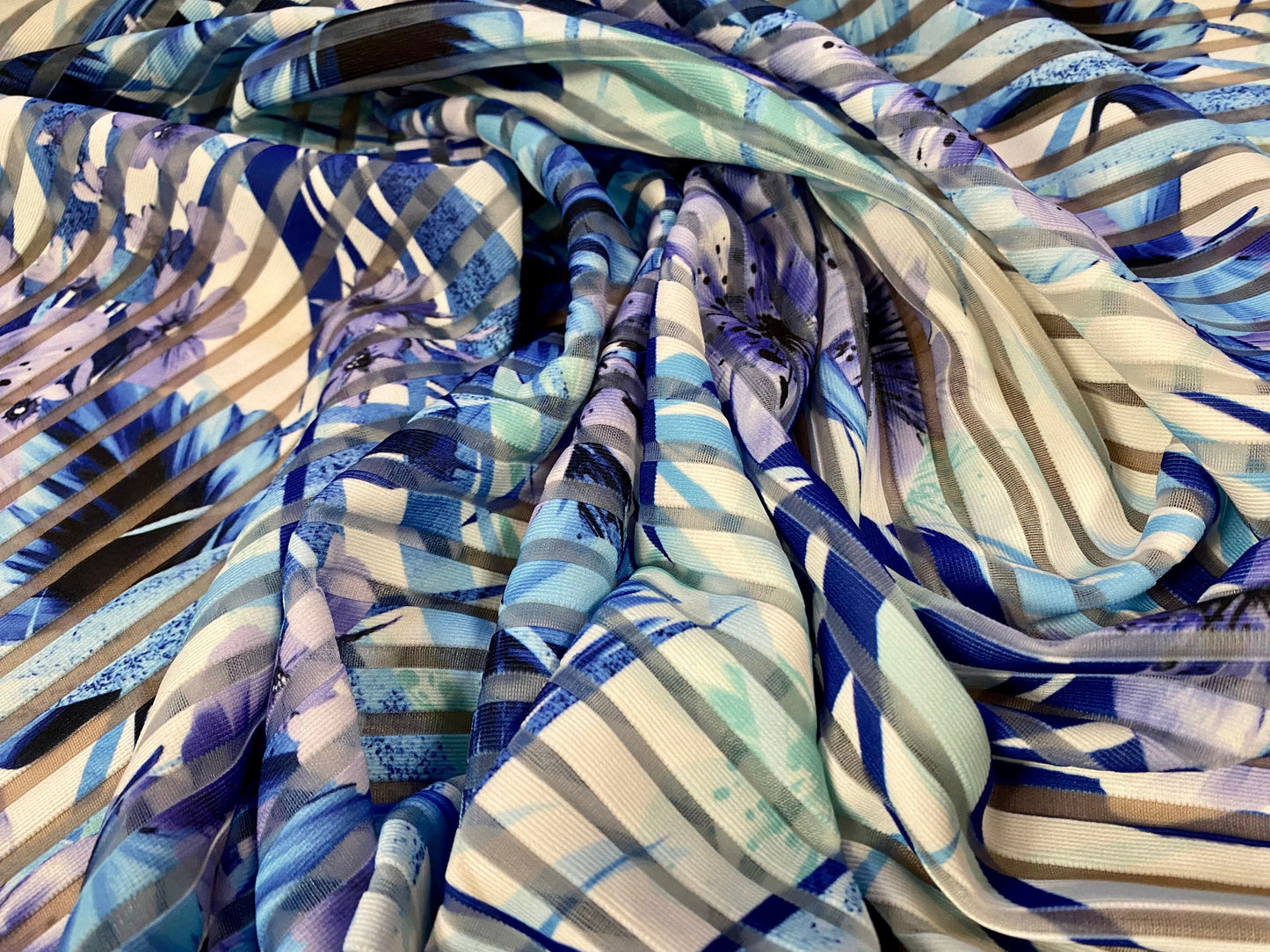 Ottoman rib burnout stripe jersey fabric , per metre - Lily flower print - blue lavender