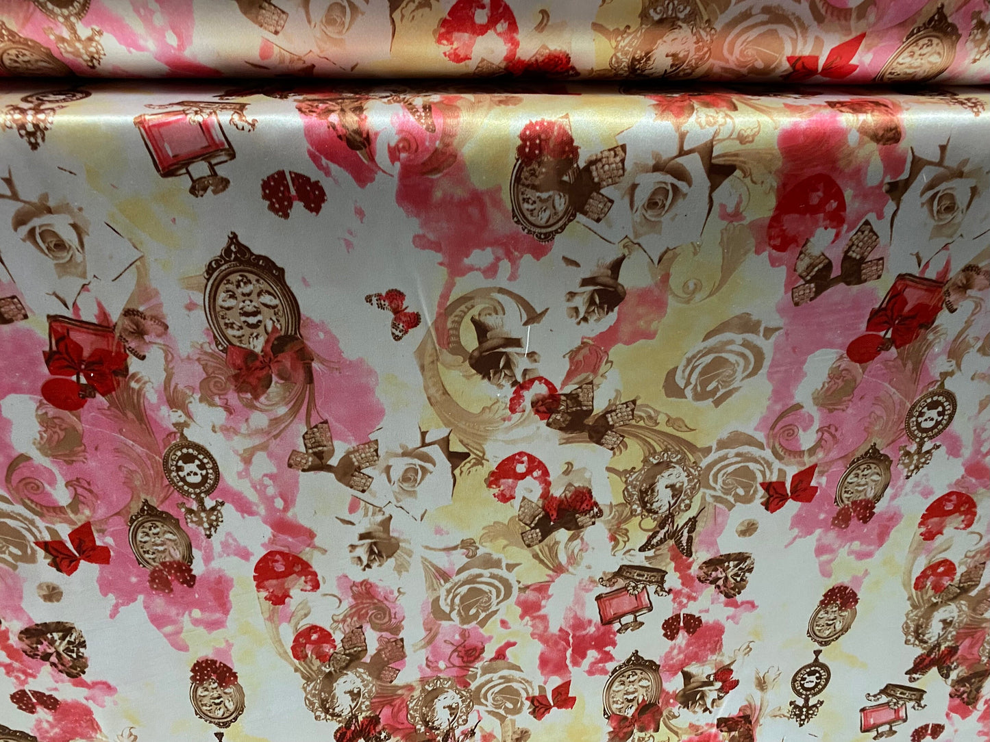 Silky Stretch charmeuse satin dress fabric, per metre - steampunk skulls and Roses print - pink