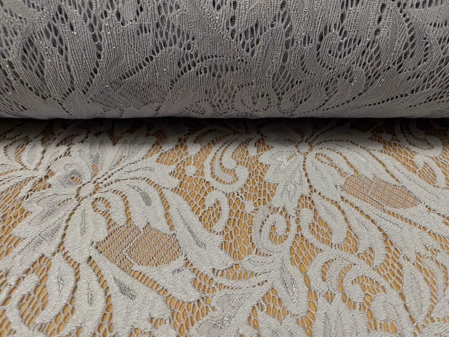 Soft handle stretch lace dress fabric with scalloped selvedge, per metre - grey