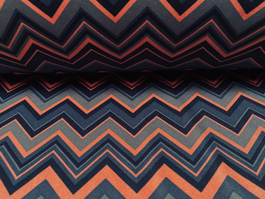 Single jersey polyester fabric - 60 inches wide - chevron zigzag print - pink & steel blue