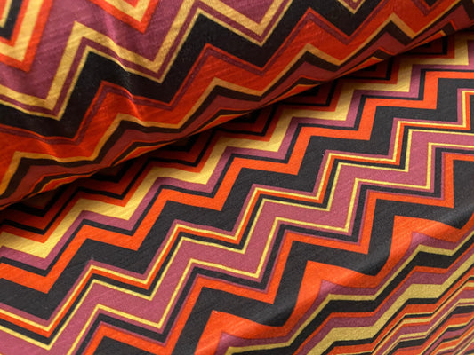 Soft handle single jersey printed fabric, per metre - Zigzag chevron print - purple mustard orange