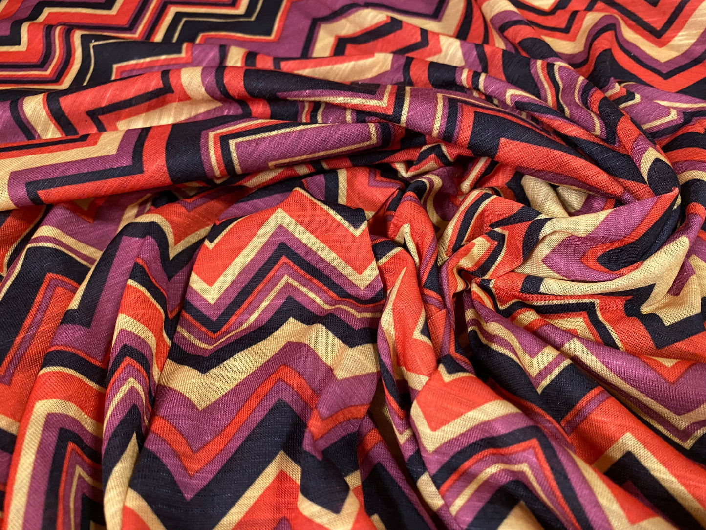 Soft handle single jersey printed fabric, per metre - Zigzag chevron print - purple mustard orange