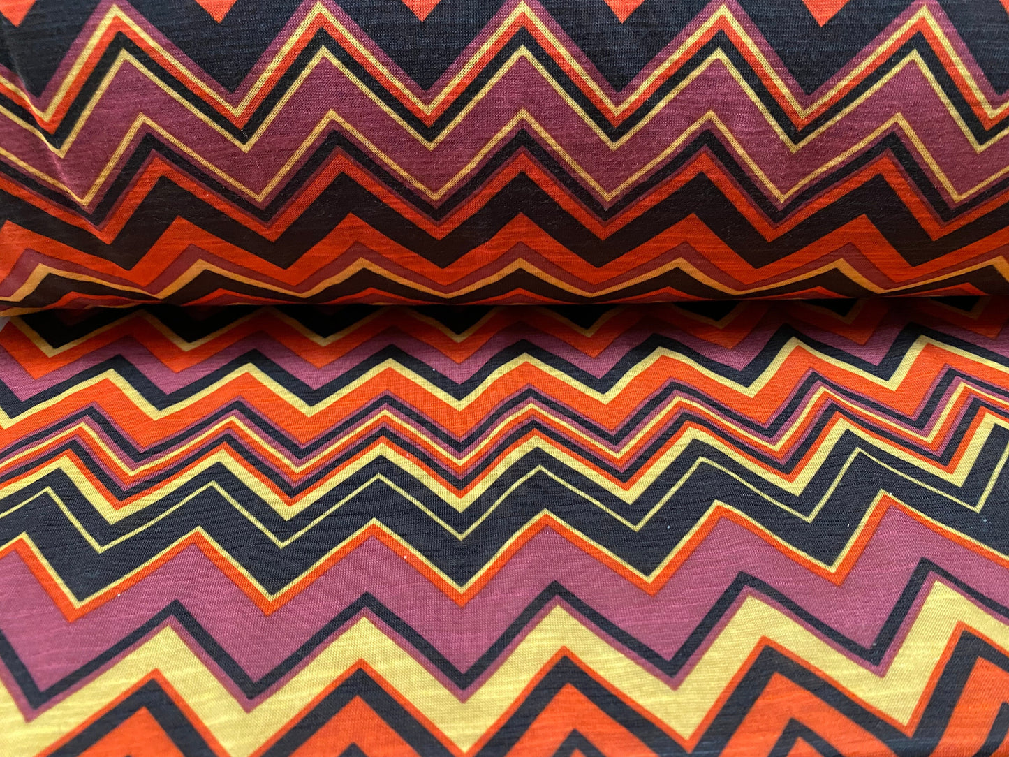 Soft handle single jersey printed fabric, per metre - Zigzag chevron print - purple mustard orange