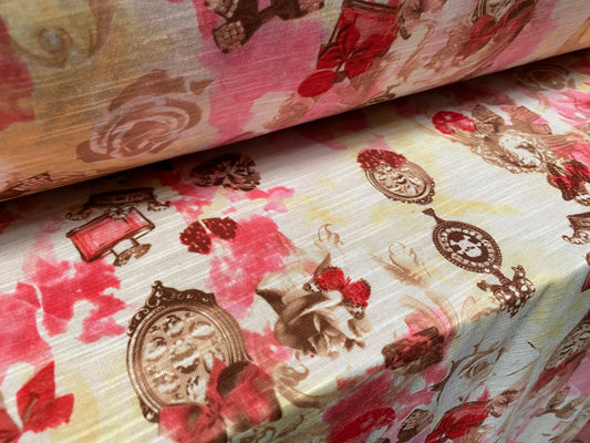 Soft handle single jersey printed fabric, per metre - Steampunk skulls and Roses print - pink