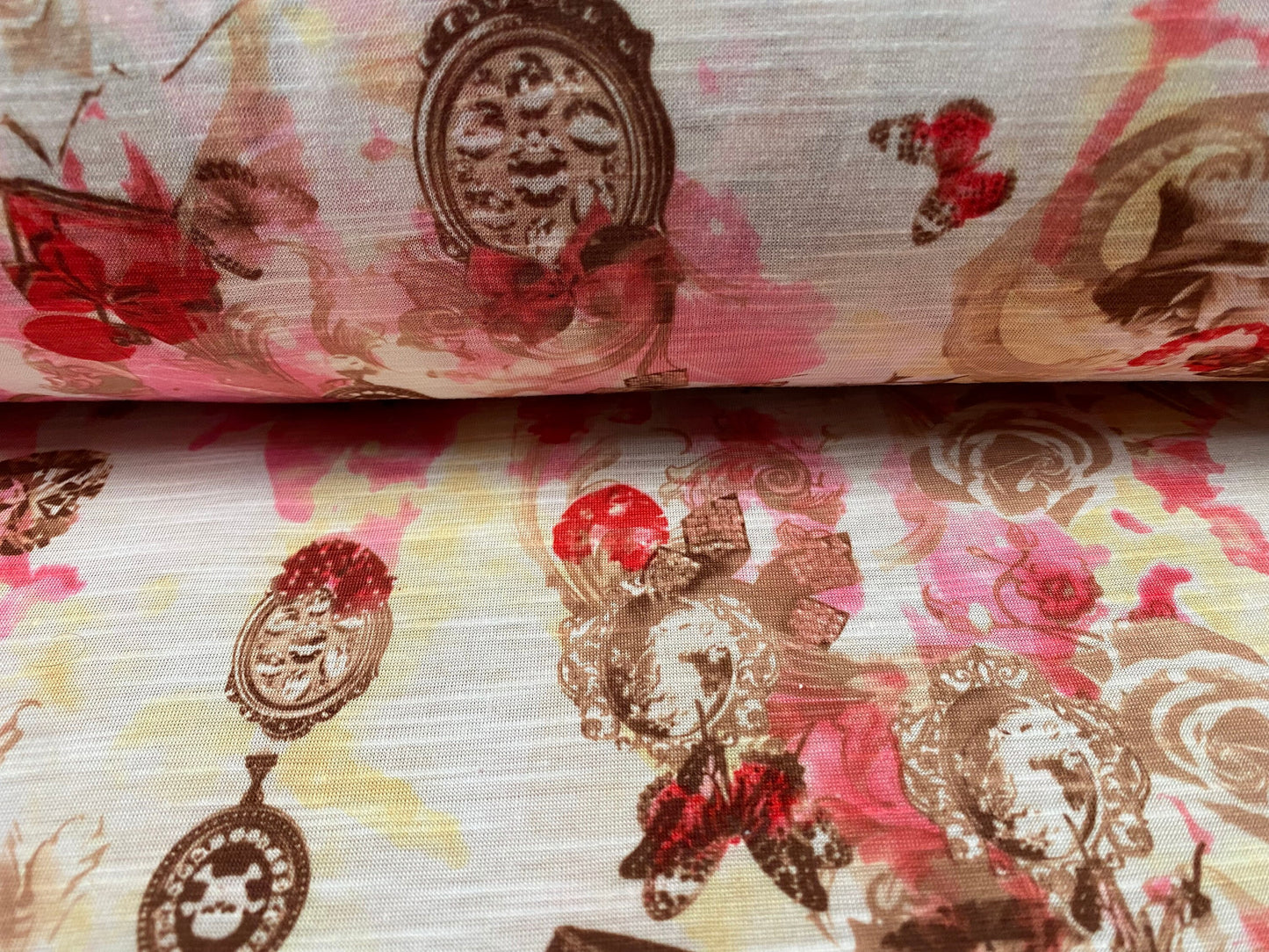 Soft handle single jersey printed fabric, per metre - Steampunk skulls and Roses print - pink