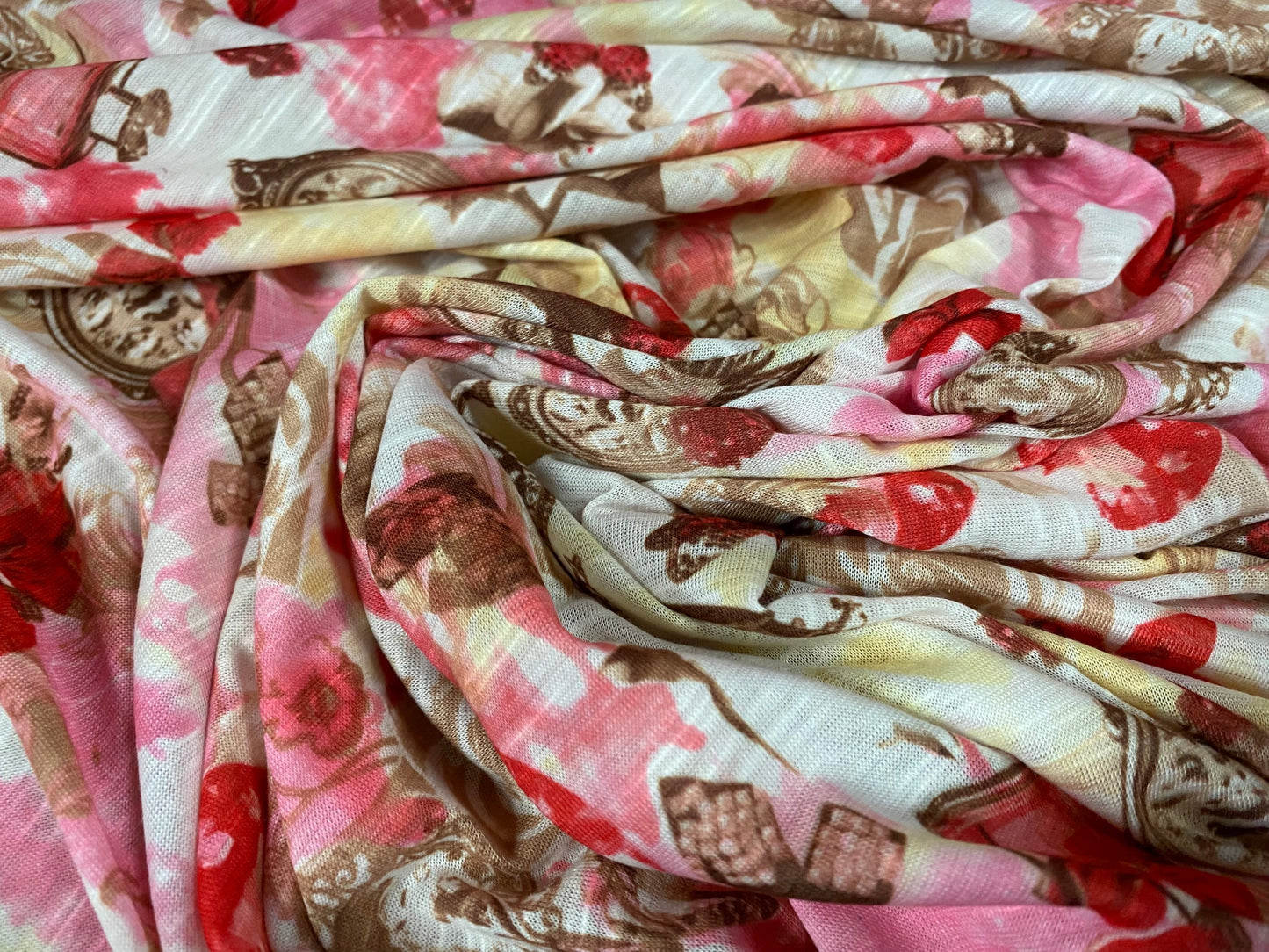 Soft handle single jersey printed fabric, per metre - Steampunk skulls and Roses print - pink