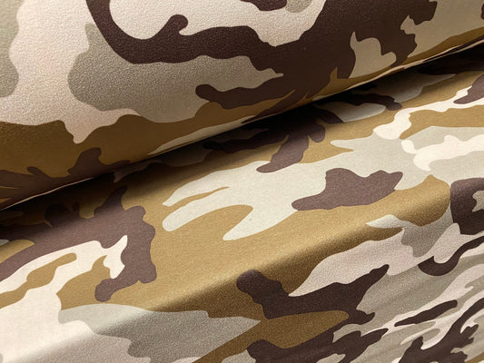 Scuba crepe  stretch spandex jersey dress fabric, per metre - camouflage army print - green & brown