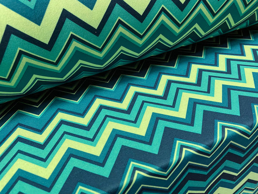 Scuba spandex stretch neoprene style jersey fashion fabric, per metre - Chevron print - teal & lime