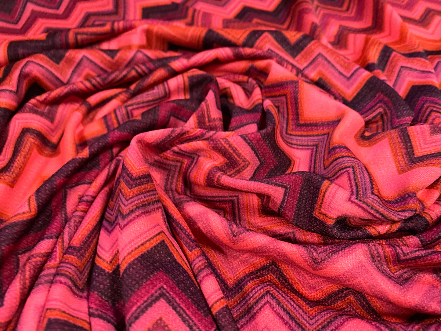 Stretch Spandex crepe single  jersey fabric - zigzag chevron print - fluorescent pink