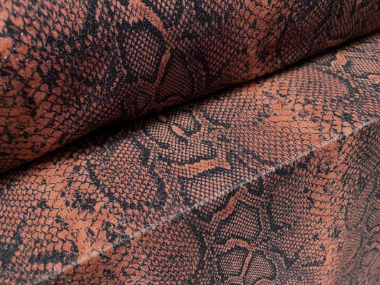 Shimmer snakeskin print spandex stretch crepe jersey fabric, per metre - coral & black