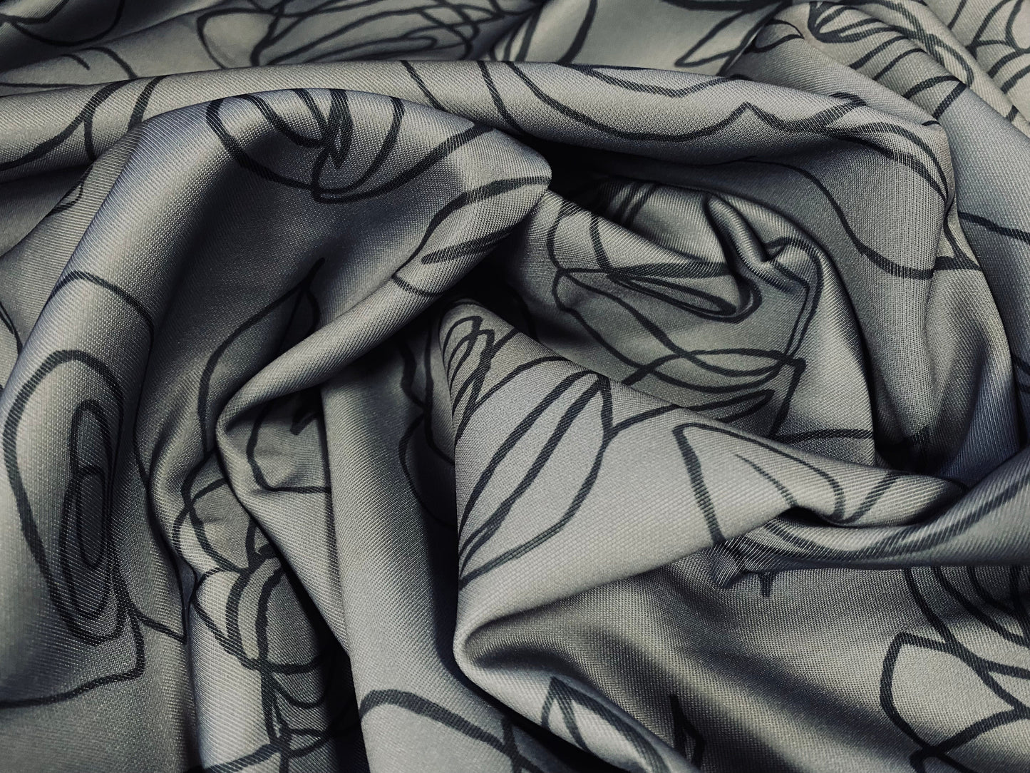 Scuba neoprene spandex stretch jersey fabric, per metre - Rose artwork print - grey