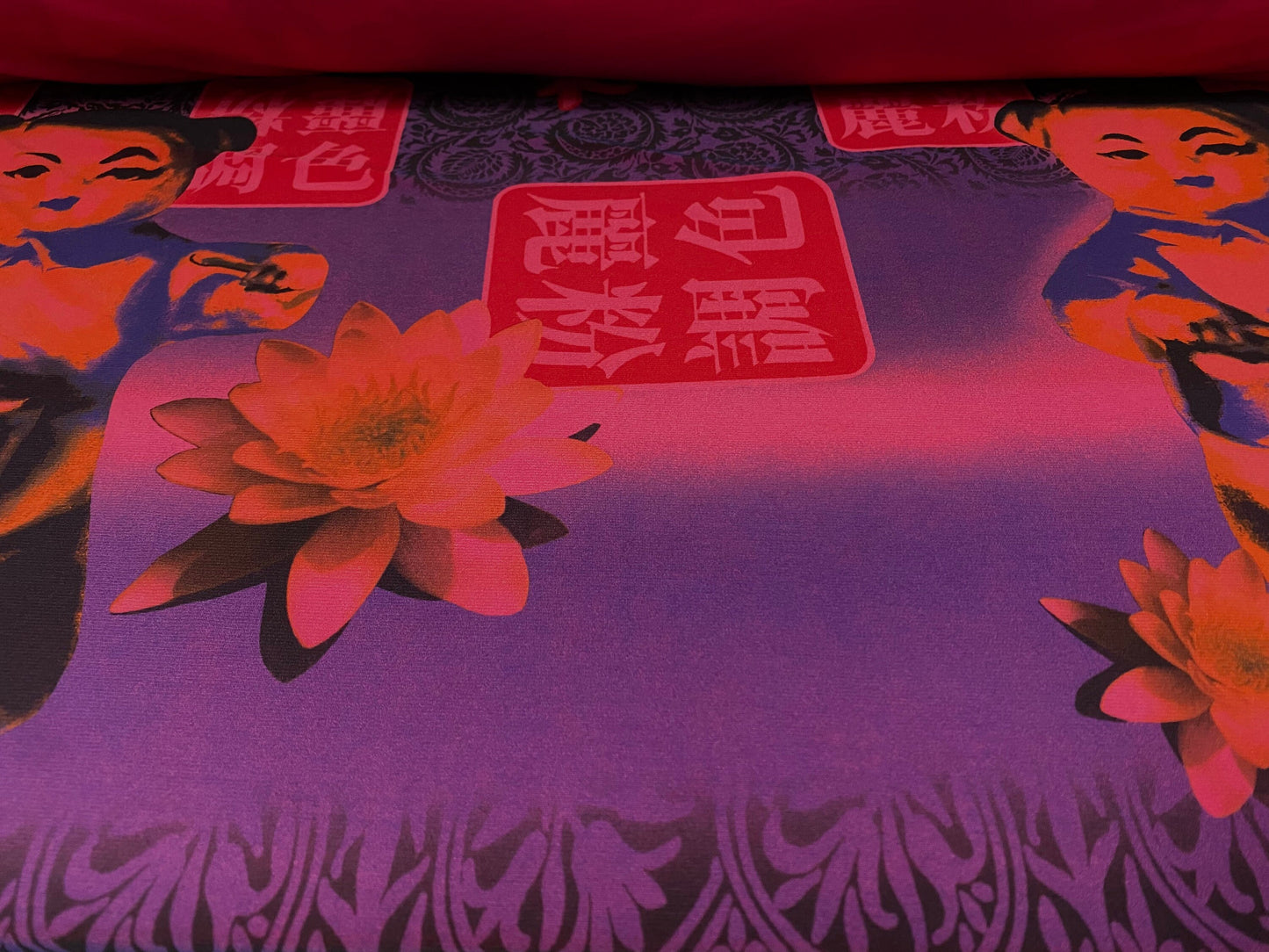 Printed ITY stretch Jersey fabric, per metre - Japanese Geisha doll and lotus flower print - pink & purple