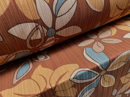 Spandex stretch rib jersey fabric, per metre - retro,flower power print - brown