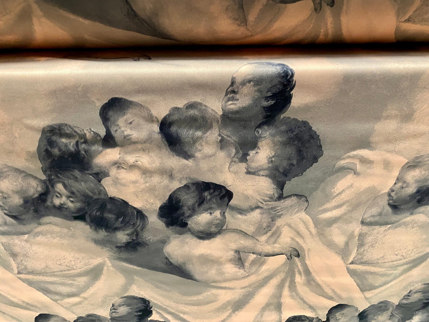 Scuba spandex neoprene style stretch jersey fabric, per metre - angels cherubs print - peach & grey