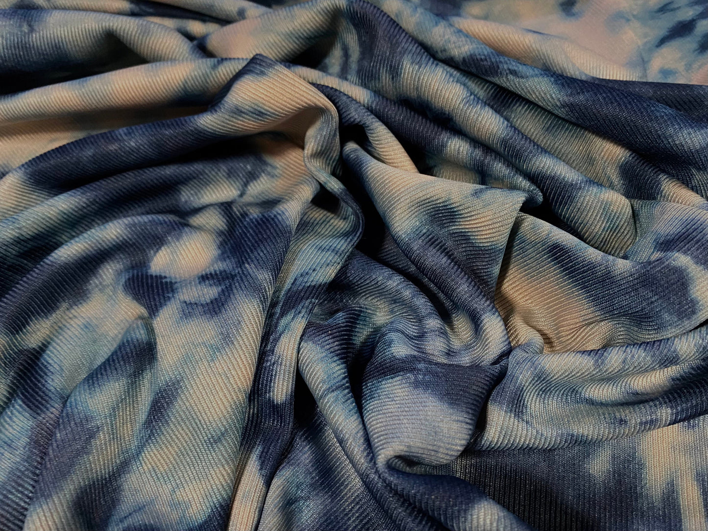 Spandex rib jersey fabric, per metre - tie dye flower print - nude & blue