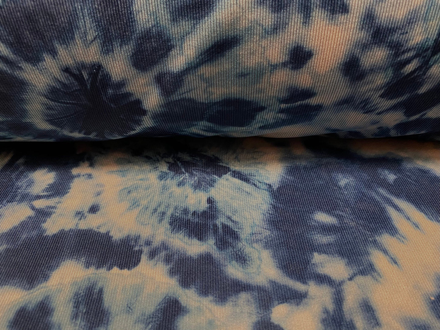 Spandex rib jersey fabric, per metre - tie dye flower print - nude & blue