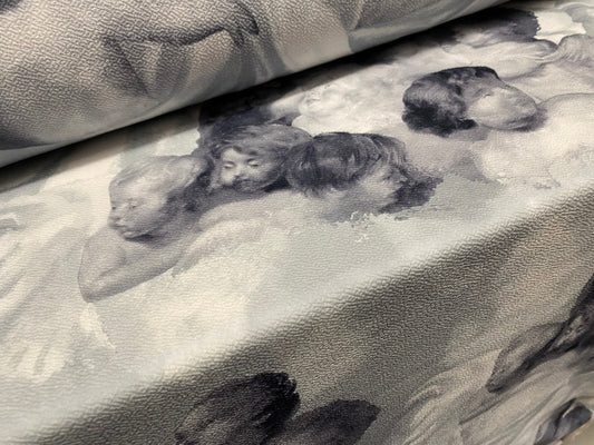Waterfall textured scuba stretch jersey fabric, per metre - cherub angels print - grey