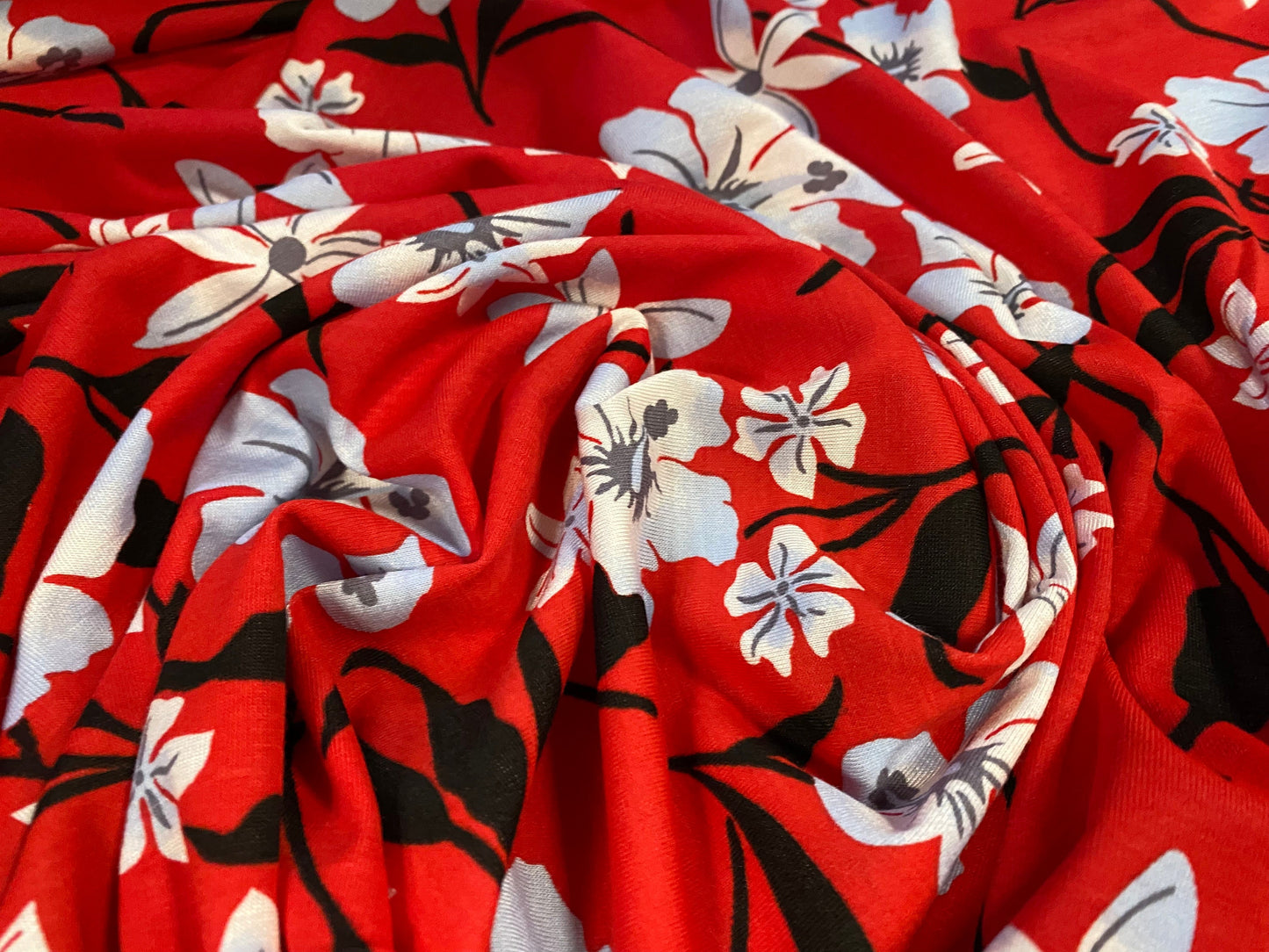 Viscose spandex stretch jersey fabric, per metre - Flower floral print - red & white