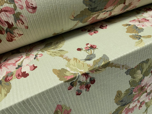 Spandex stretch rib jersey fabric, per metre - climbing Rose flower print - green