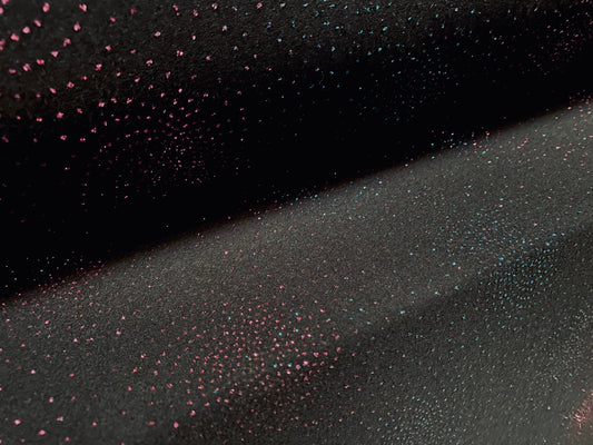 Spandex stretch Single jersey fabric, per metre - black with turquoise and pink glitter swirl