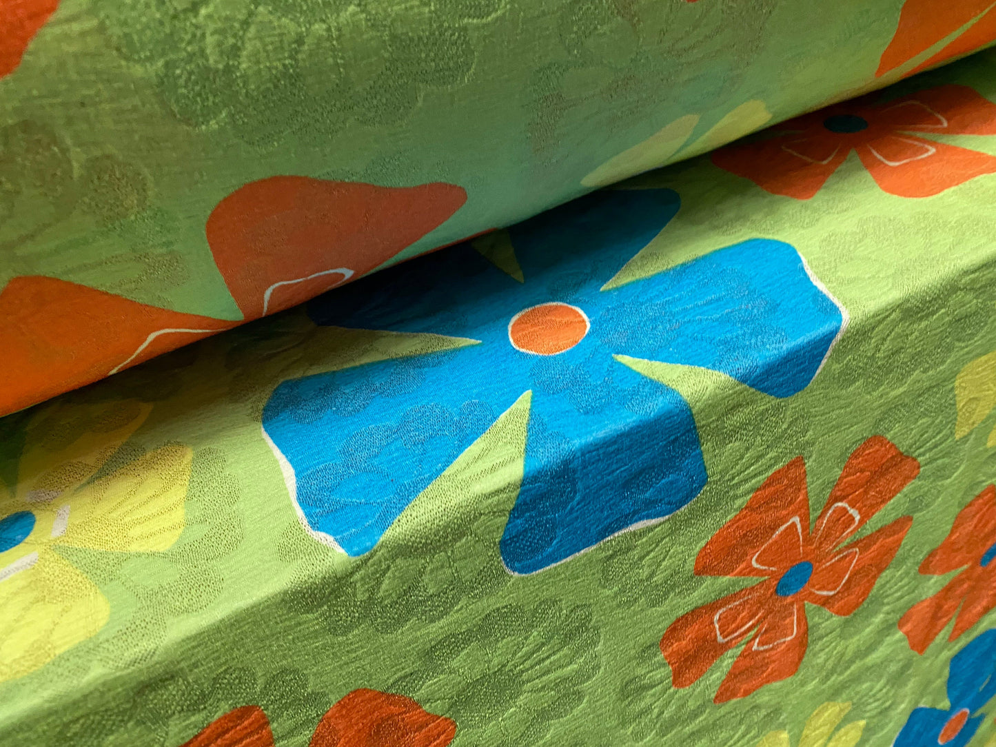 Stretch Daisy jacquard lightweight jersey fabric, per metre - flower power print - green