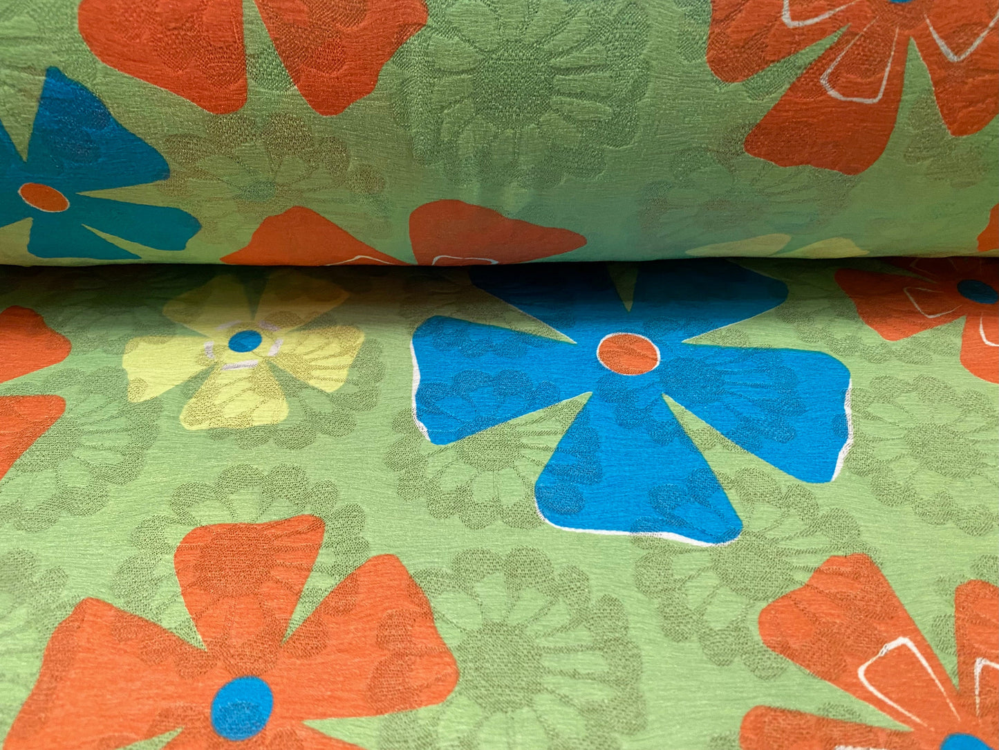 Stretch Daisy jacquard lightweight jersey fabric, per metre - flower power print - green