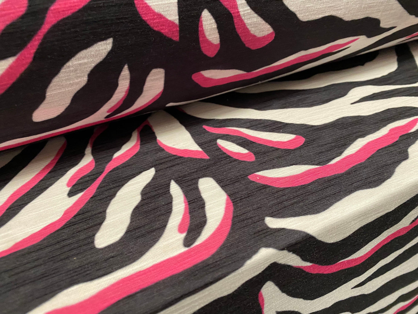 Soft handle single jersey printed fabric, per metre - Zebra animal print - black white pink