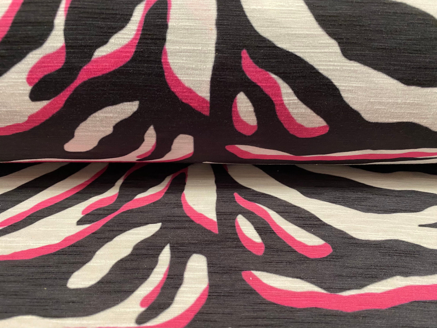 Soft handle single jersey printed fabric, per metre - Zebra animal print - black white pink