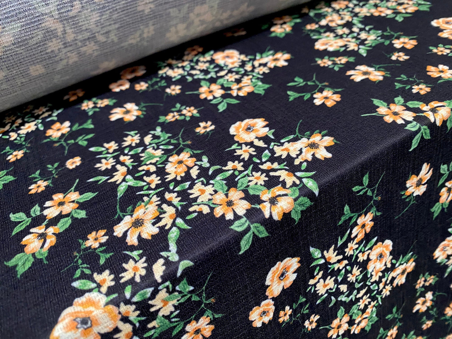 Stretch spandex textured single jersey fabric, per metre - ditsy floral print - black & peach