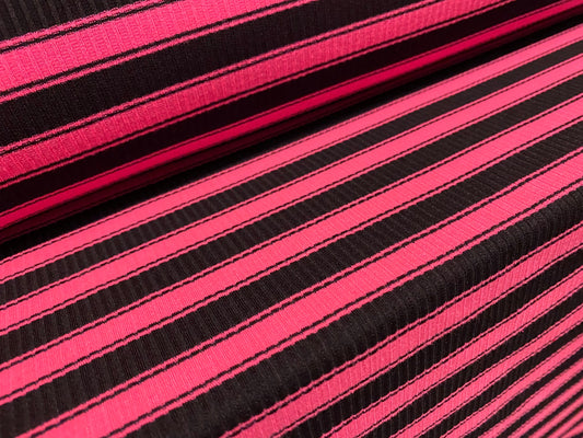 Stretch spandex rib jersey fabric, per metre - stripe - fluorescent pink & black