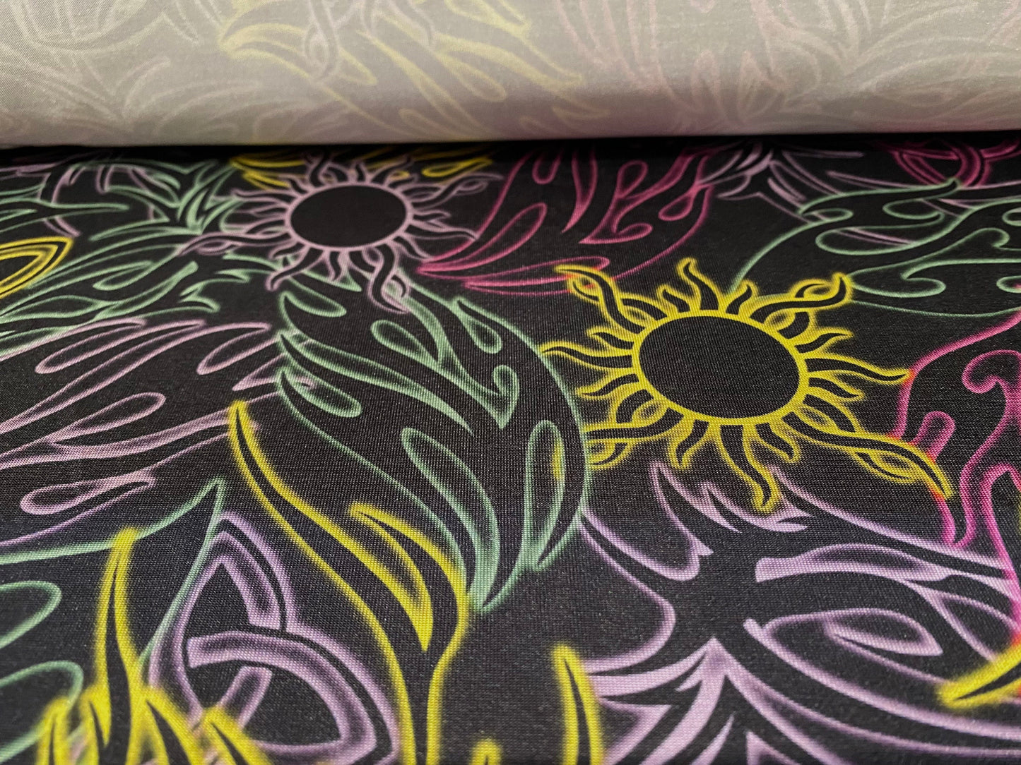 Stretch spandex single Jersey fabric, per metre - Sun tribal tattoo print