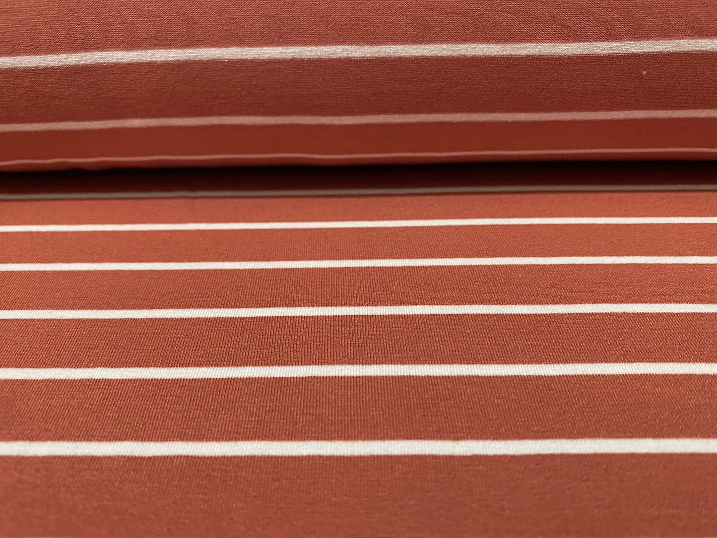 Viscose spandex stretch single jersey fabric, per metre - terracotta stripe