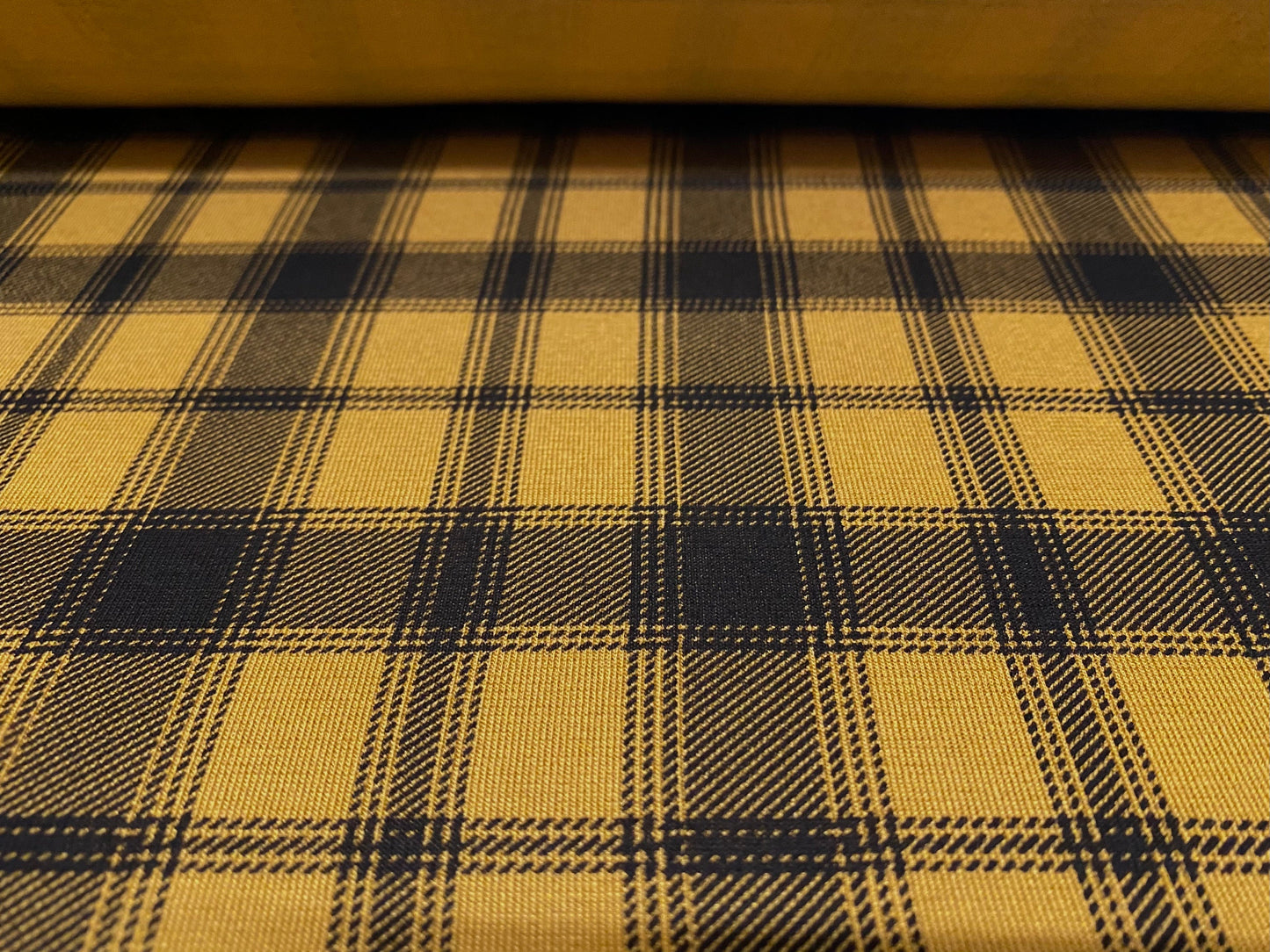 Viscose spandex stretch single jersey fabric, per metre - tartan check plaid - mustard & black