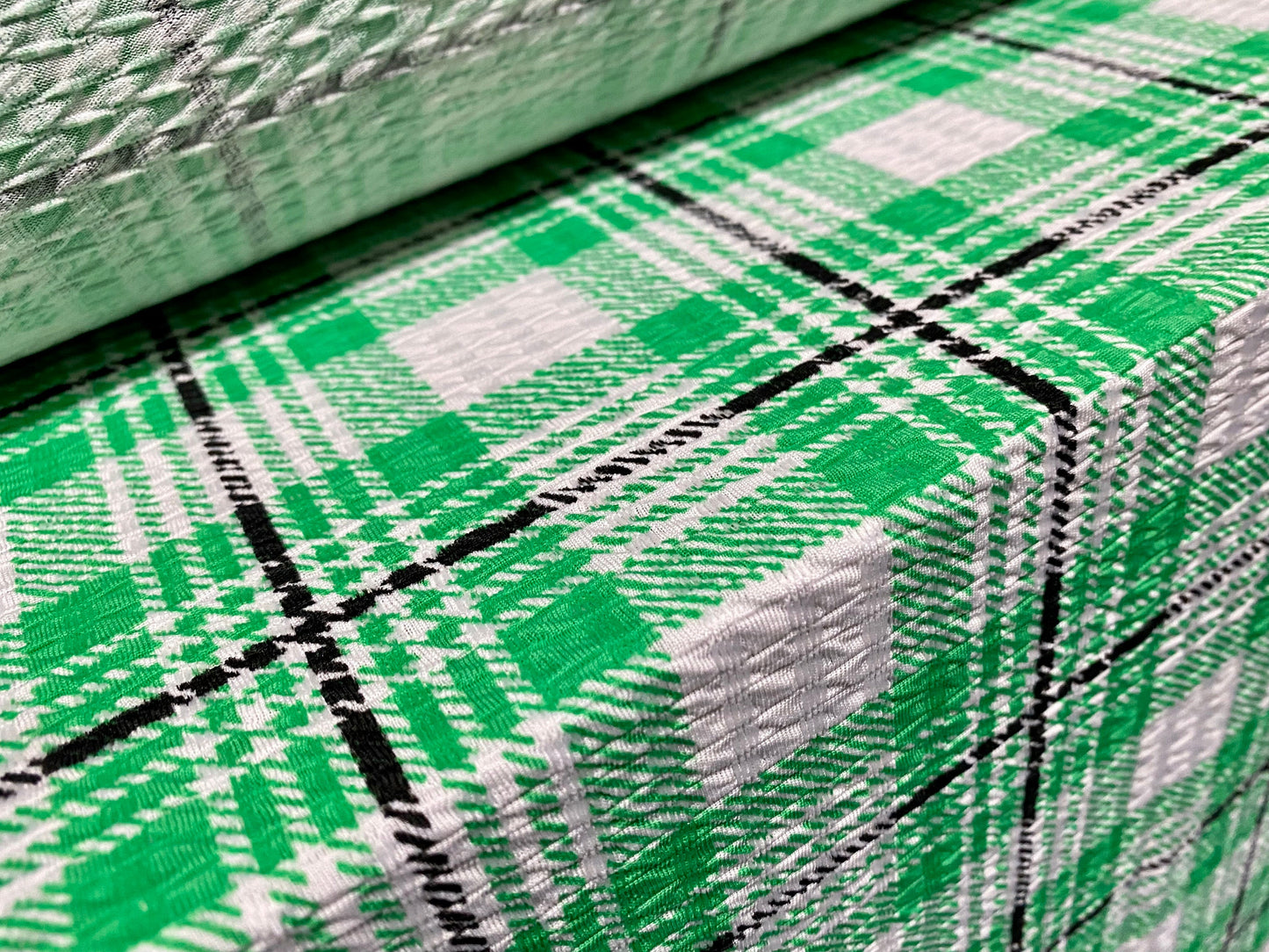 Stretch jacquard double jersey knit spandex dress fabric, per metre - tartan check print - green