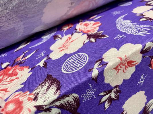 Viscose spandex stretch single jersey fabric, per metre - labyrinth and flowers print - purple