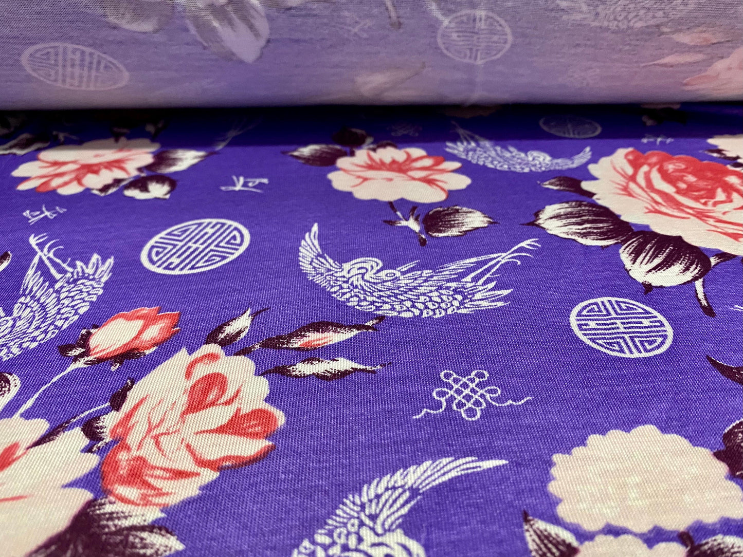 Viscose spandex stretch single jersey fabric, per metre - labyrinth and flowers print - purple