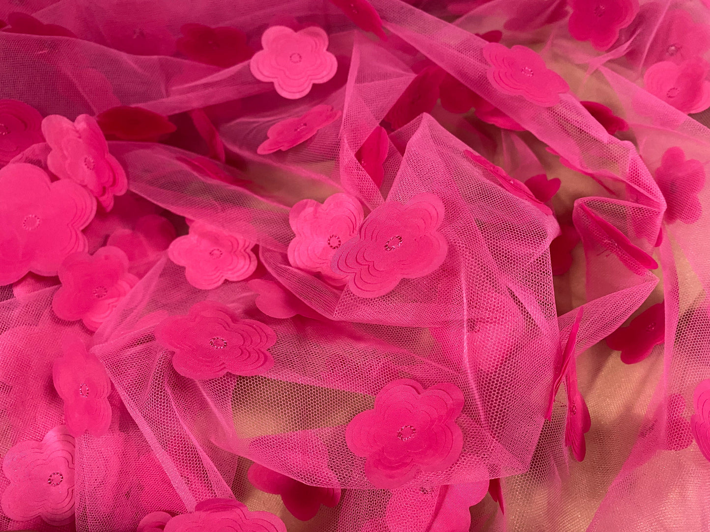 Tutu tulle mesh net couture fabric, per metre - layered appliqué flower -  cerise pink