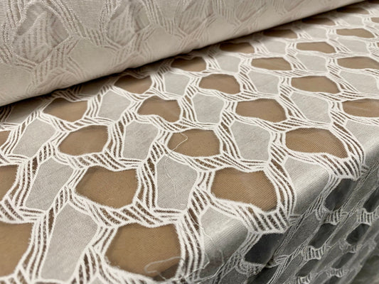 Embroidered organza burnout fabric, per metre - geometric pattern - white