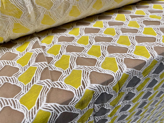 Embroidered organza burnout fabric, per metre - geometric pattern - white yellow