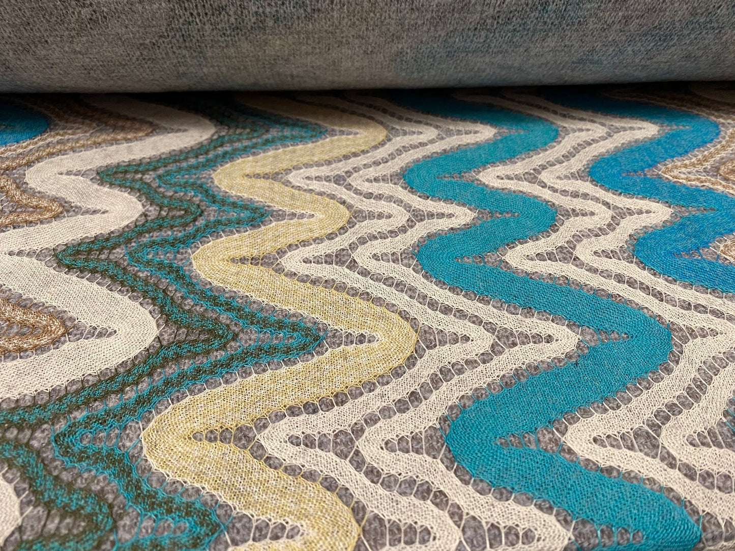 Wool blend heavyweight jacquard fabric, per metre - wave swirl design - turquoise