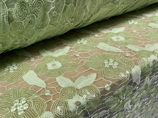 Couture fabric - corded sequinned embroidered mesh, per metre - green