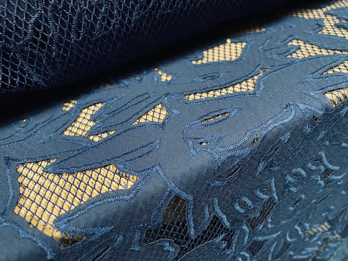 Couture fabric - fishnet mesh with floral embroidered appliqué , per metre - navy blue