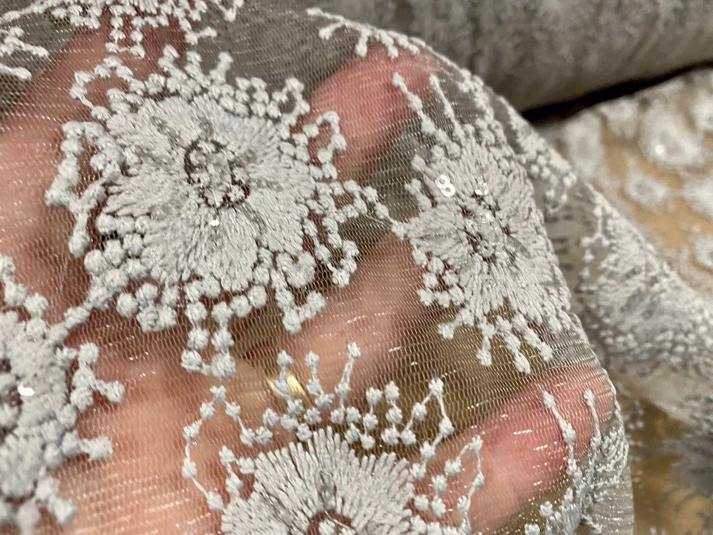 Couture fabric - sheer dress fabric with beaded flowers and sequins, per metre - grey, scalloped woven selvedge