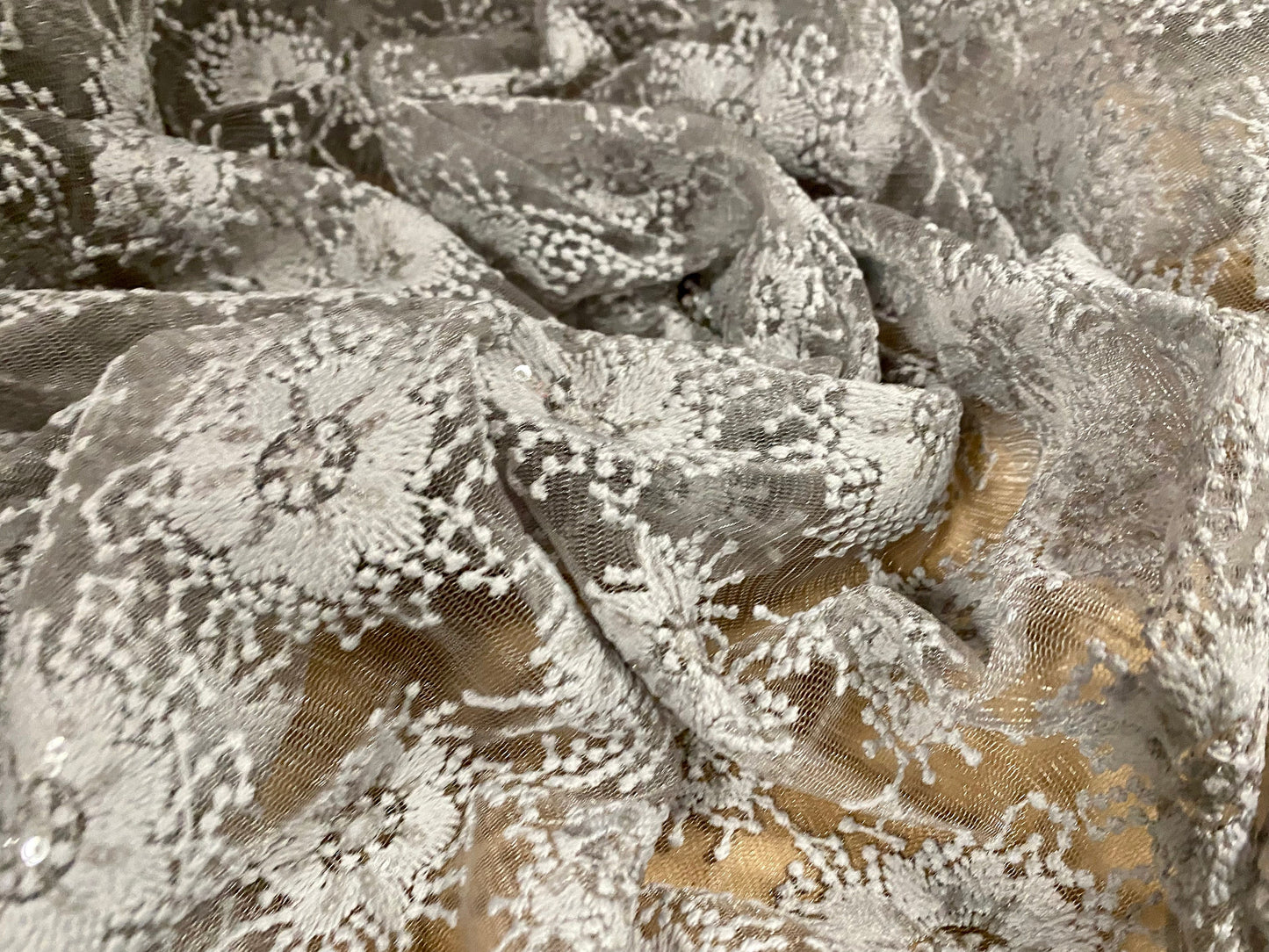 Couture fabric - sheer dress fabric with beaded flowers and sequins, per metre - grey, scalloped woven selvedge