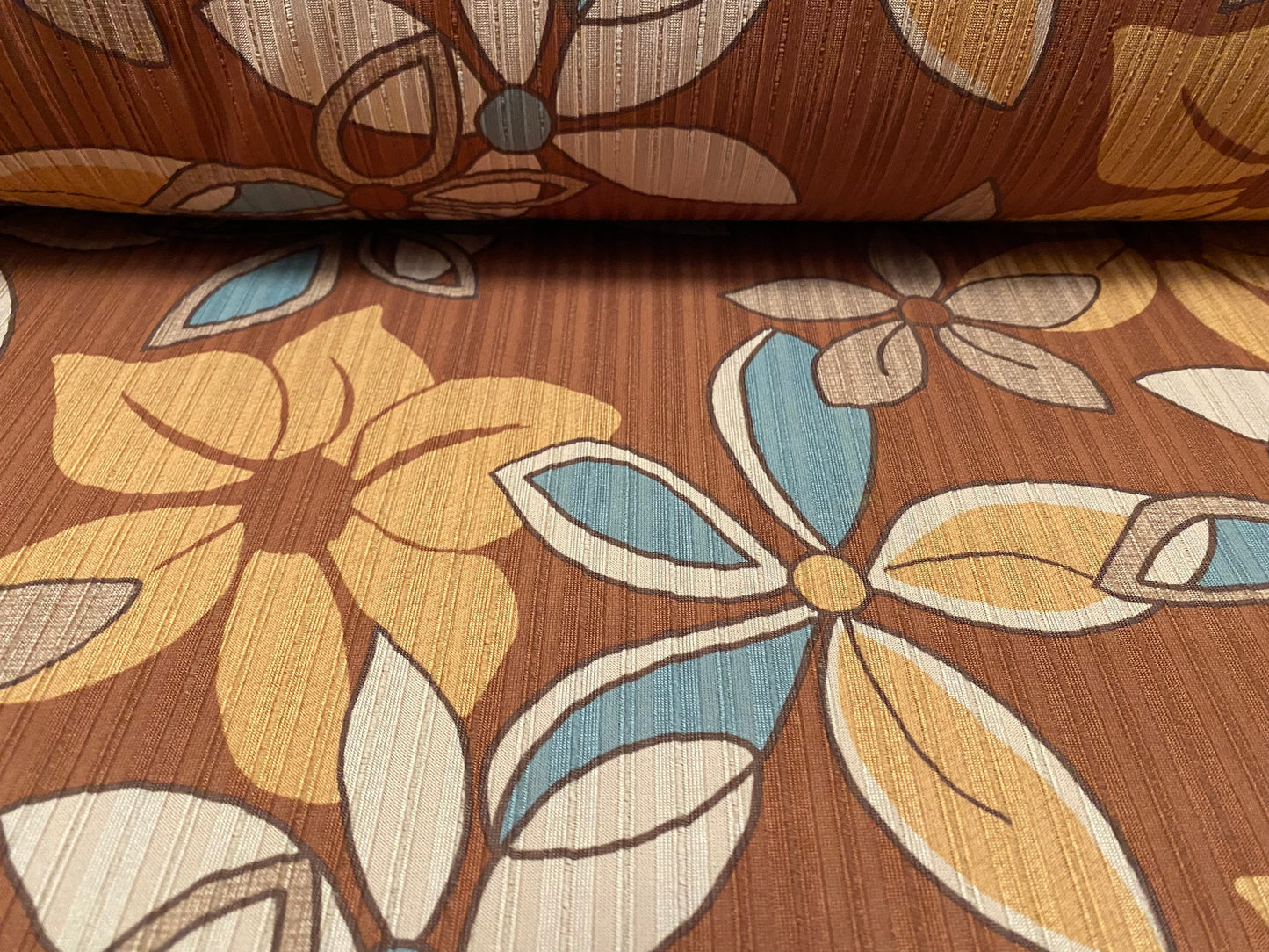 Spandex stretch rib jersey fabric, per metre - retro,flower power print - brown