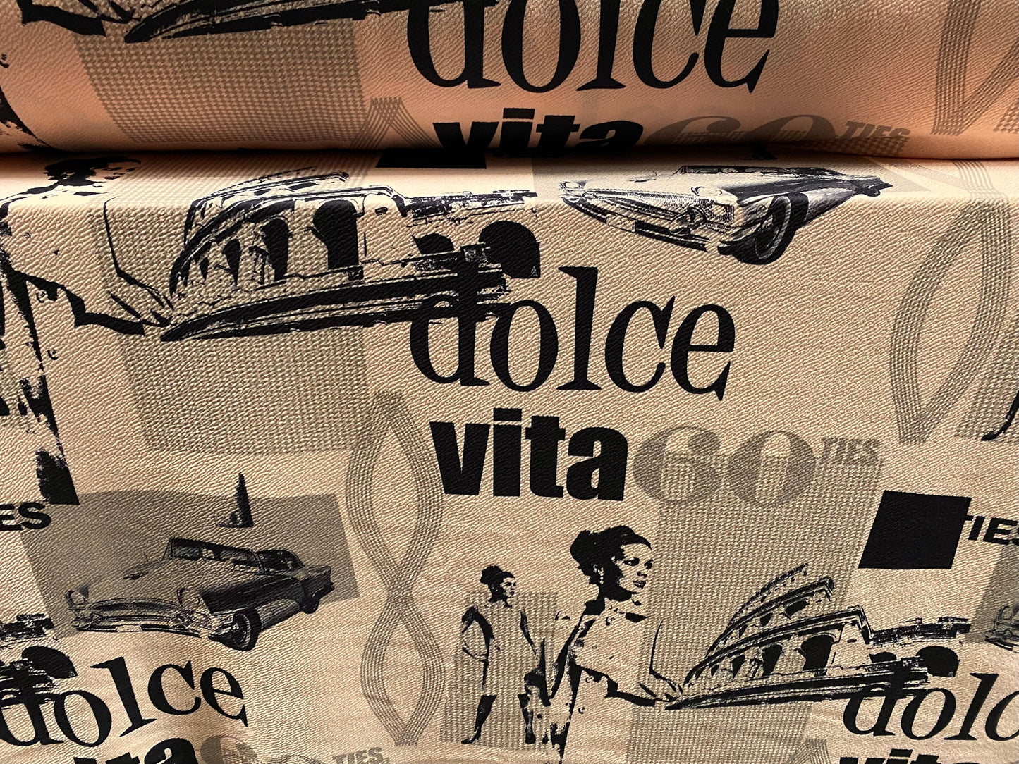 Waterfall textured scuba stretch jersey fabric, per metre - 60s Dolce Vita print - peach blush