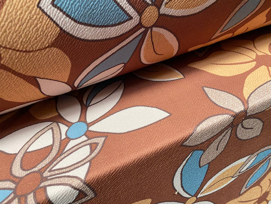 Waterfall textured scuba stretch jersey fabric, per metre - 60s retro flower power print - brown