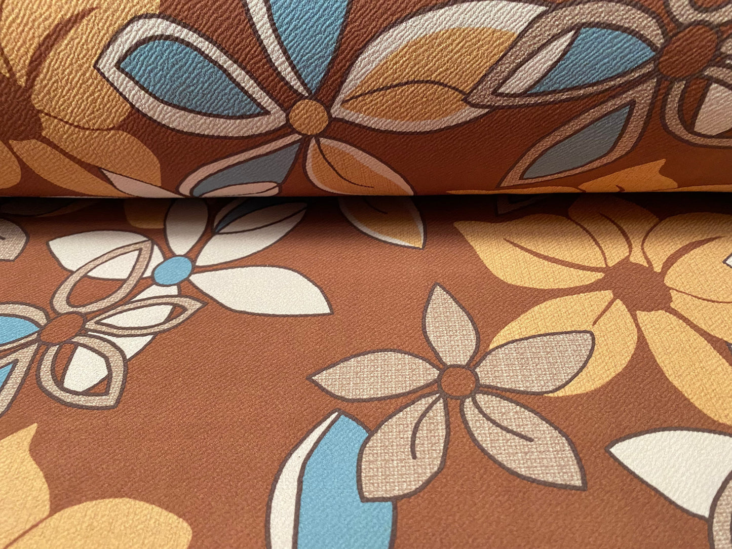 Waterfall textured scuba stretch jersey fabric, per metre - 60s retro flower power print - brown