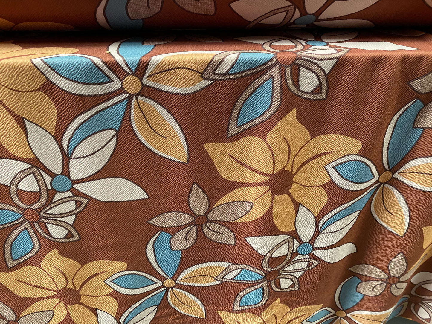 Waterfall textured scuba stretch jersey fabric, per metre - 60s retro flower power print - brown