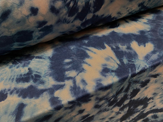 Spandex rib jersey fabric, per metre - tie dye flower print - nude & blue